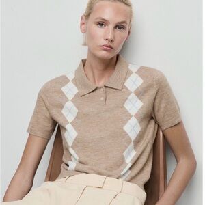 Mango women’s sweater polo in tan argyle NWT size xs